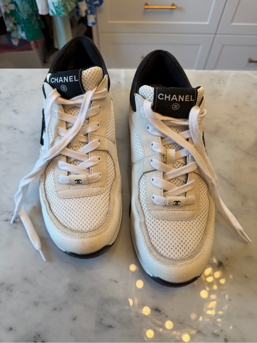 CHANEL Women’s White and Navy CC Logo Sneakers- size 42